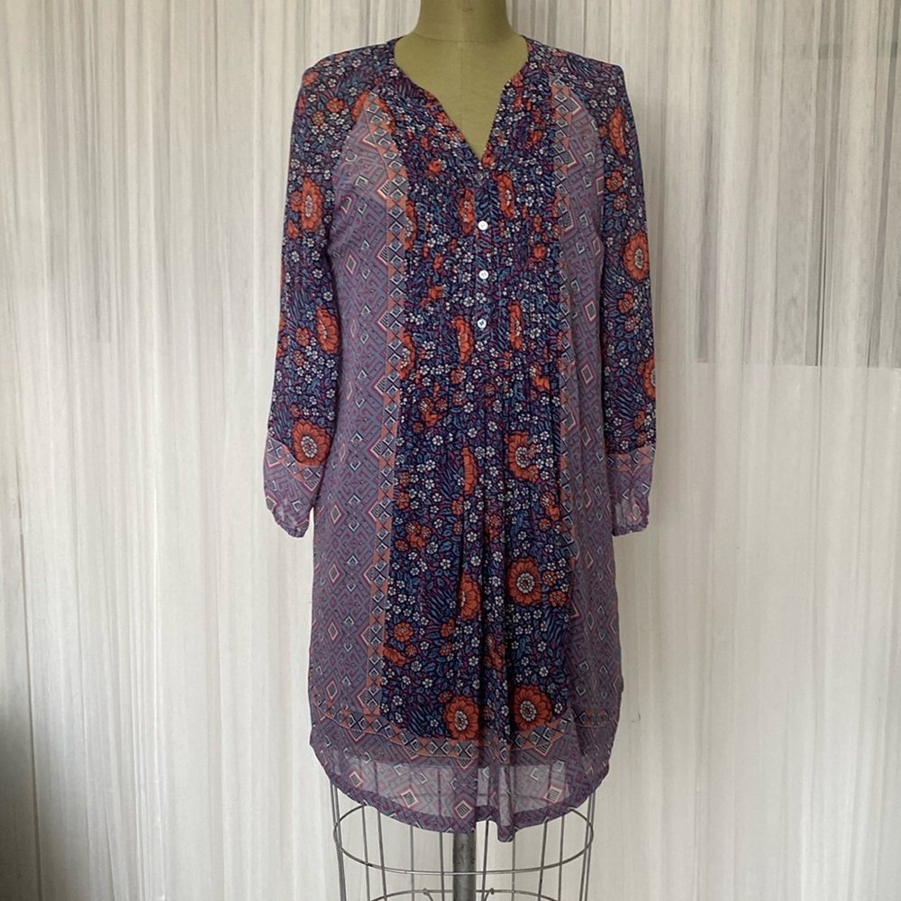 323-100% silk Joie floral sheer mini dress, long balloon sleeves! Cotton slip!